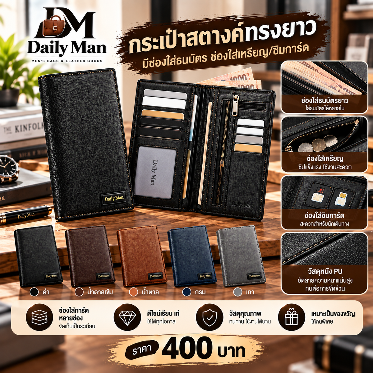 กระเป๋าสตางค์ ทรงยาว มีช่องใส่ธนบัตรช่องใส่เหรียญ/ซิมการ์ด